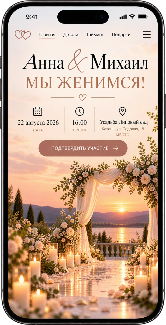 Свадебное приглашение Анны и Михаила с датой и адресом